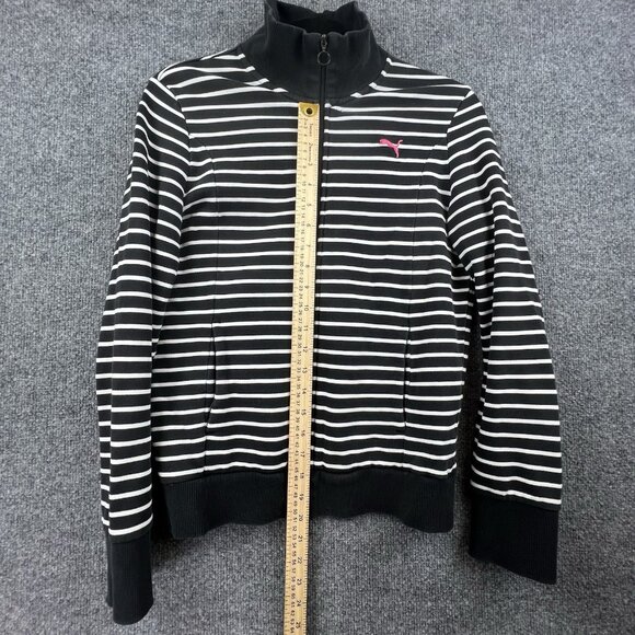 PUMA Black White Striped Zip Up Track Jacket Pink Logo Womens Size L - Picture 8 of 9